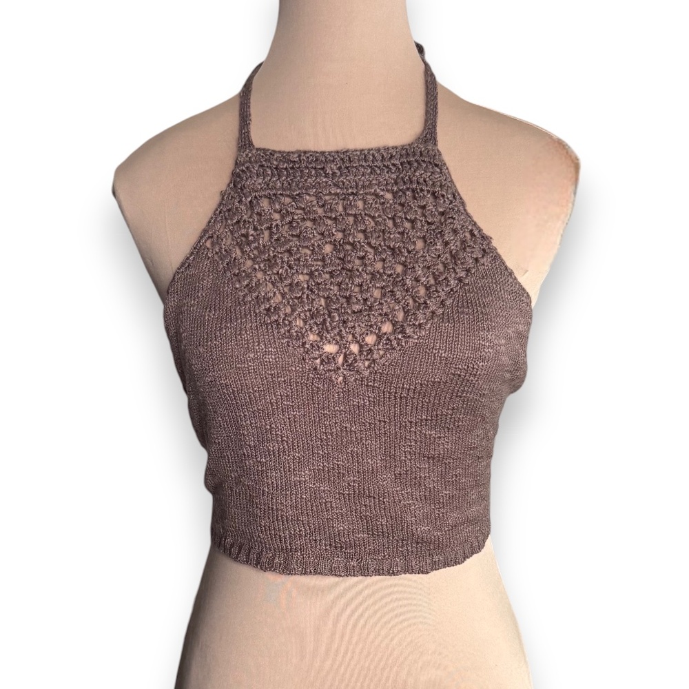 BEAR DANCE Brown Crochet Knit Halter Crop Top Size S
